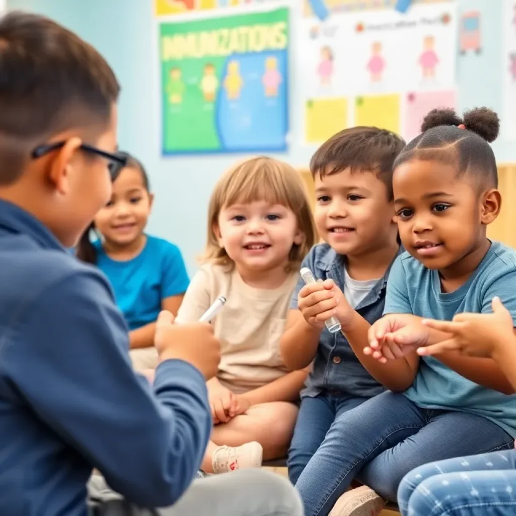 Classroom with kindergarten children learning about vaccinations.