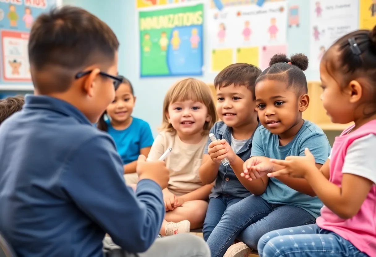 Classroom with kindergarten children learning about vaccinations.