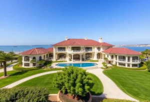 Exterior view of a luxury mansion in Coronado with bay views