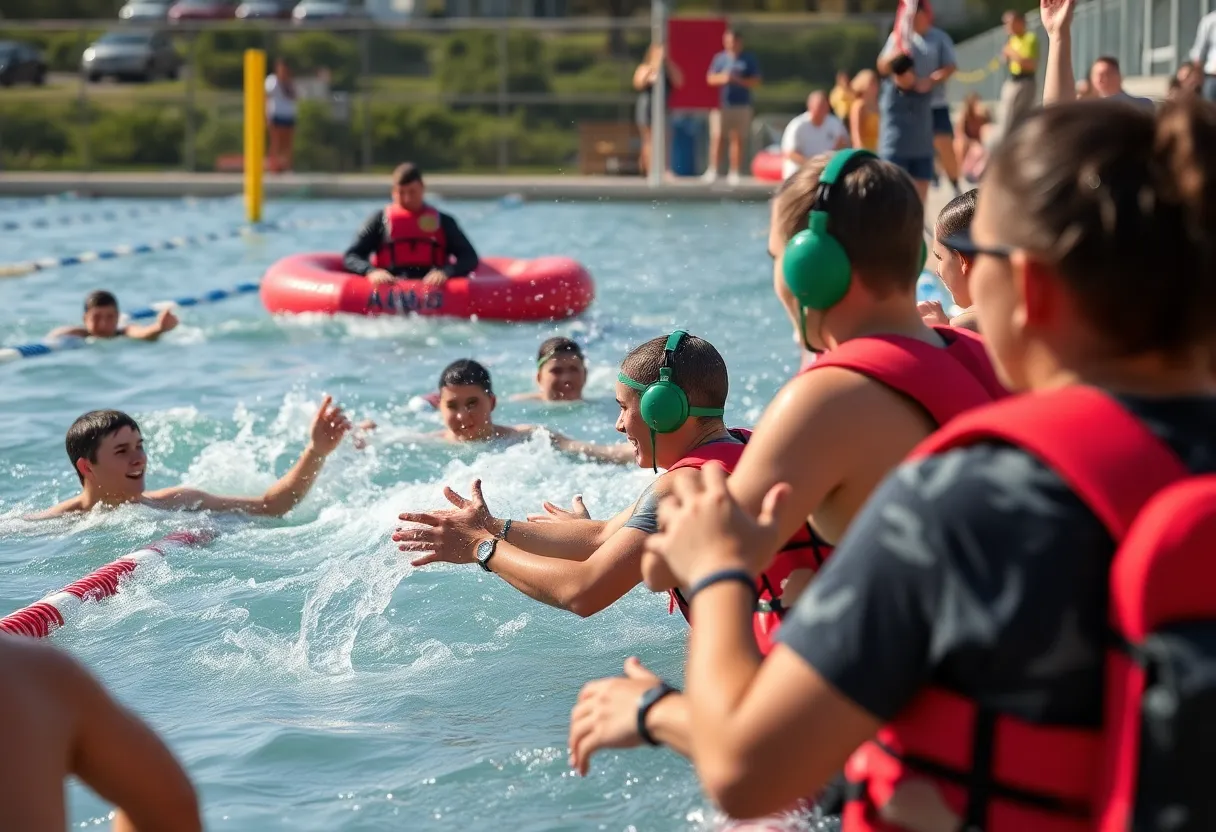 NJROTC cadets participating in Neptune Olympics at Crown Cove Aquatics Center