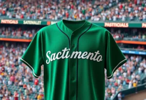 Oakland Athletics new Sacramento alternate jersey featuring 'Sacramento' in green font.