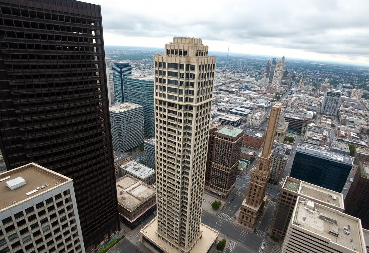 Aerial view of One California Plaza in downtown Los Angeles