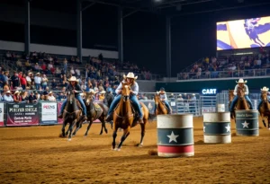 Barrel racing competition with cowgirls on horses