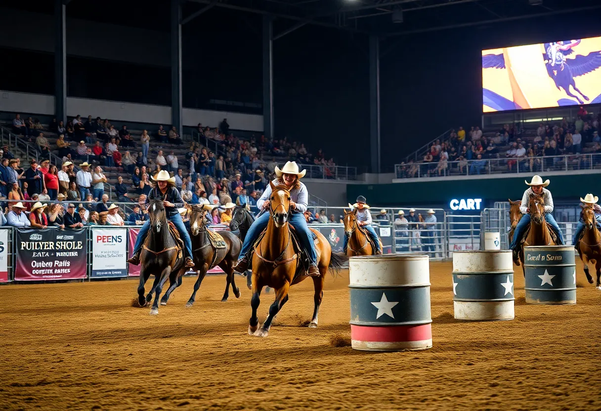 Barrel racing competition with cowgirls on horses