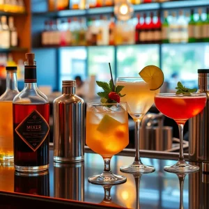 Array of premium mixers on a bar counter