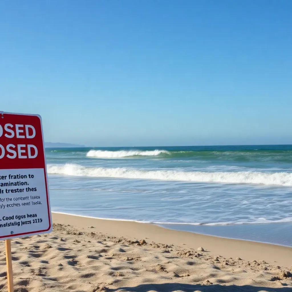 Closed beach sign on a San Diego shoreline due to health advisory.
