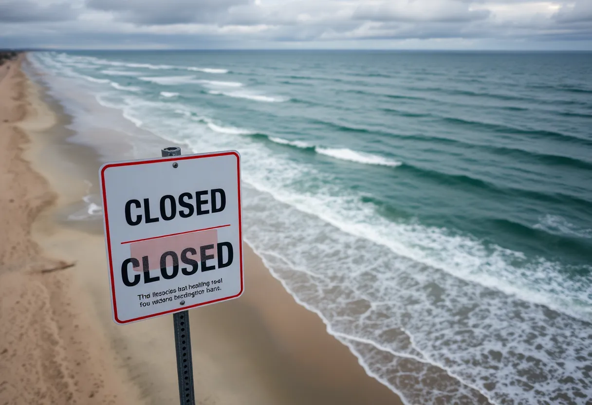 Closed beach sign on a San Diego shoreline due to health advisory.