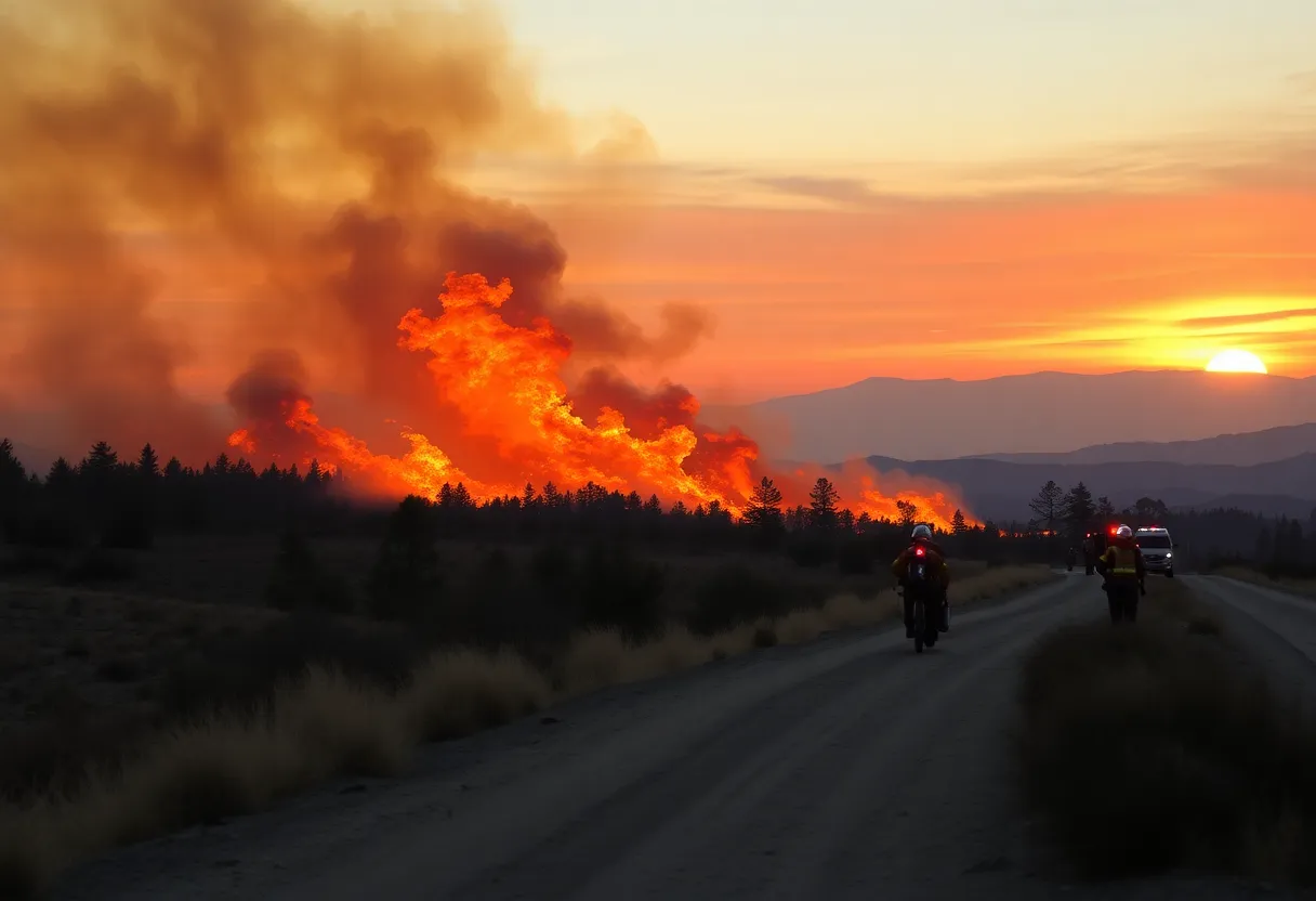 Wildfire in San Diego County with flames and smoke