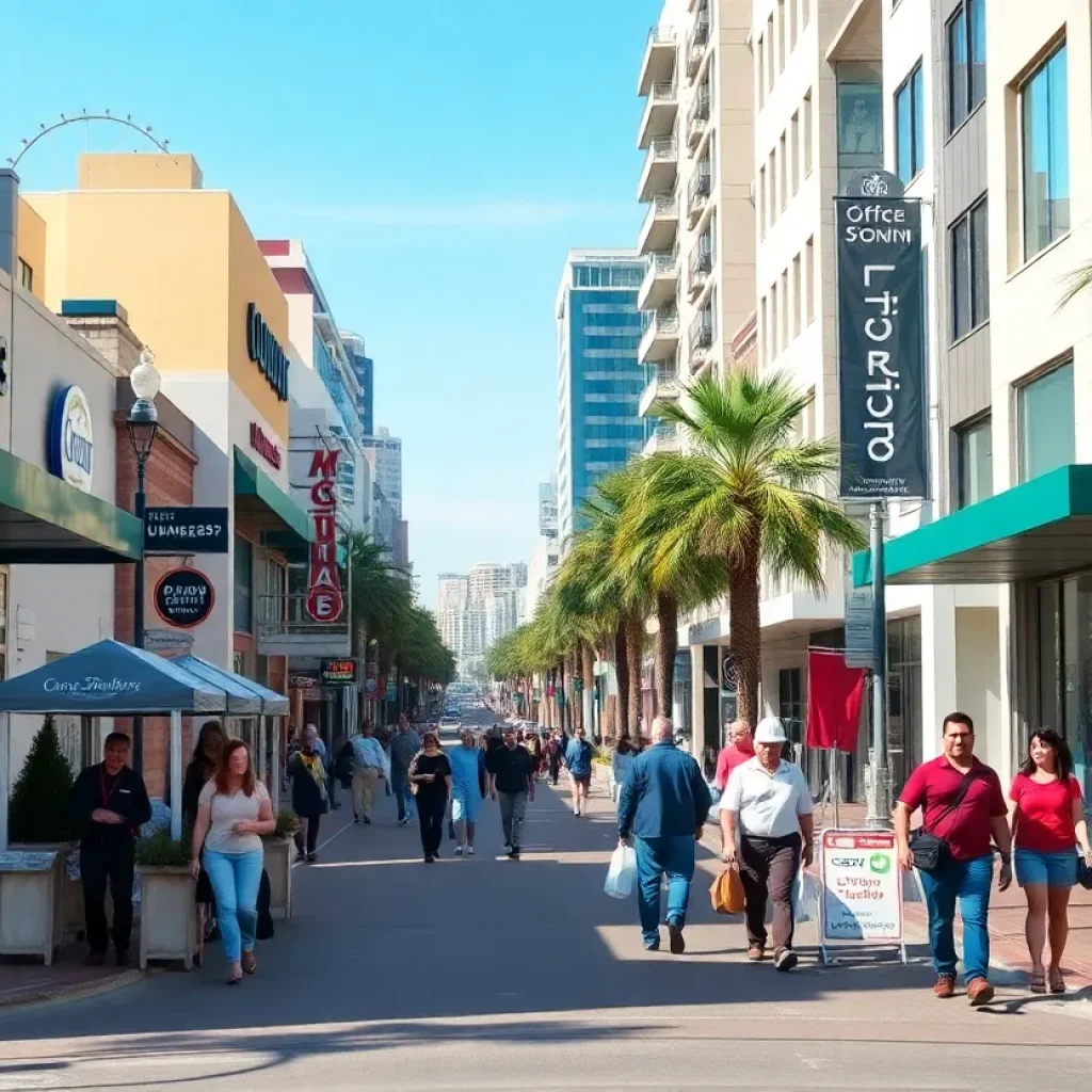 A vibrant street scene in San Diego with people and businesses