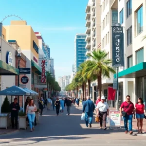 A vibrant street scene in San Diego with people and businesses