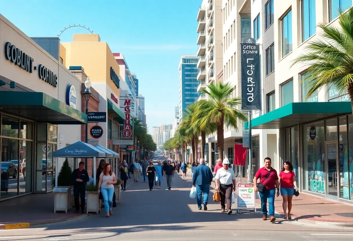 A vibrant street scene in San Diego with people and businesses