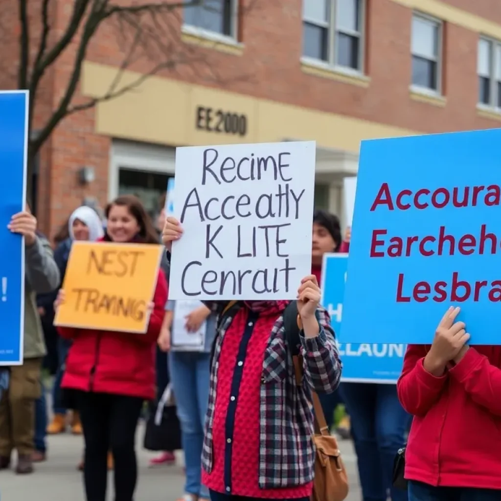 Parents and students protesting outside a high school