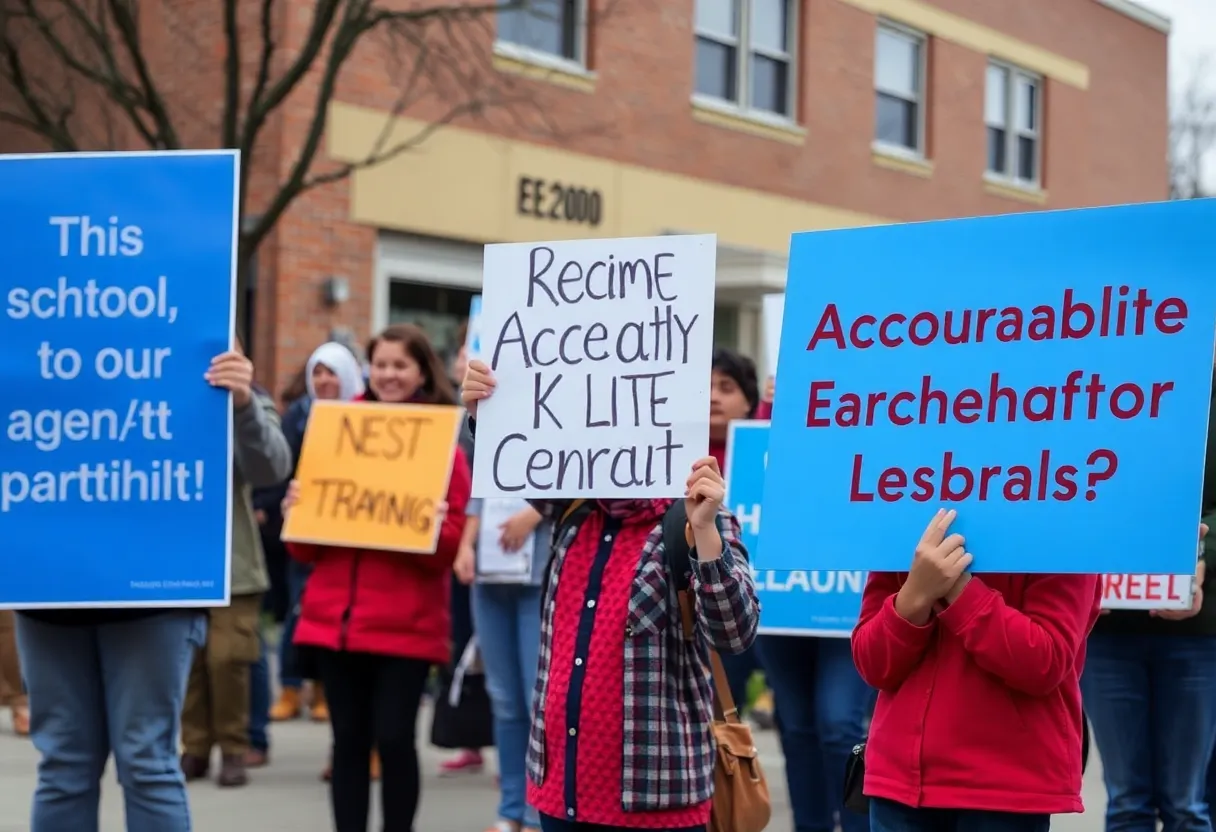 Parents and students protesting outside a high school