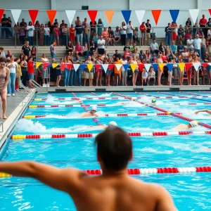 SDSU swim team competing in a pentathlon meet