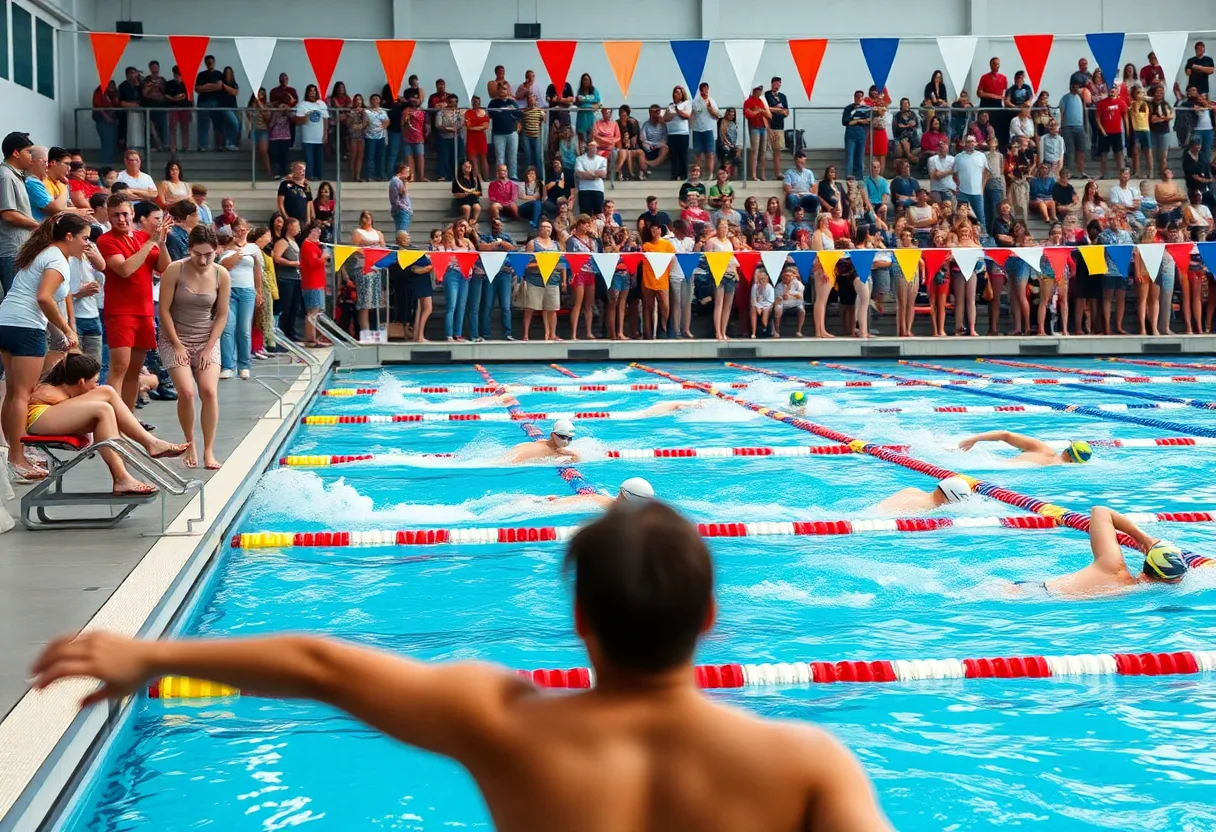 SDSU swim team competing in a pentathlon meet