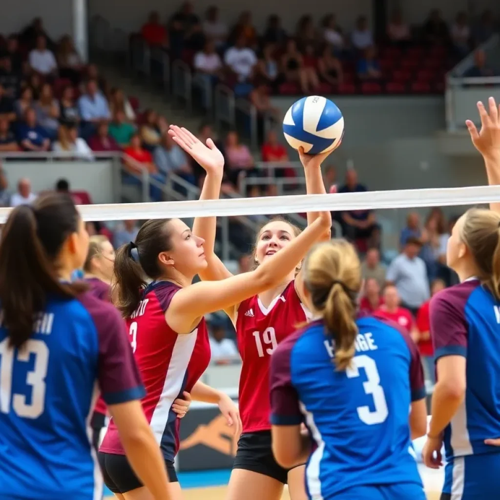 SDSU women's volleyball team in action during a match.