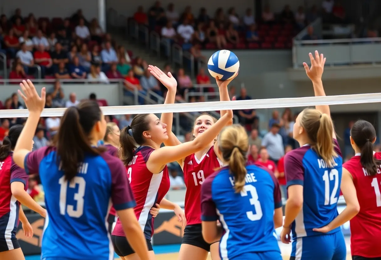 SDSU women's volleyball team in action during a match.