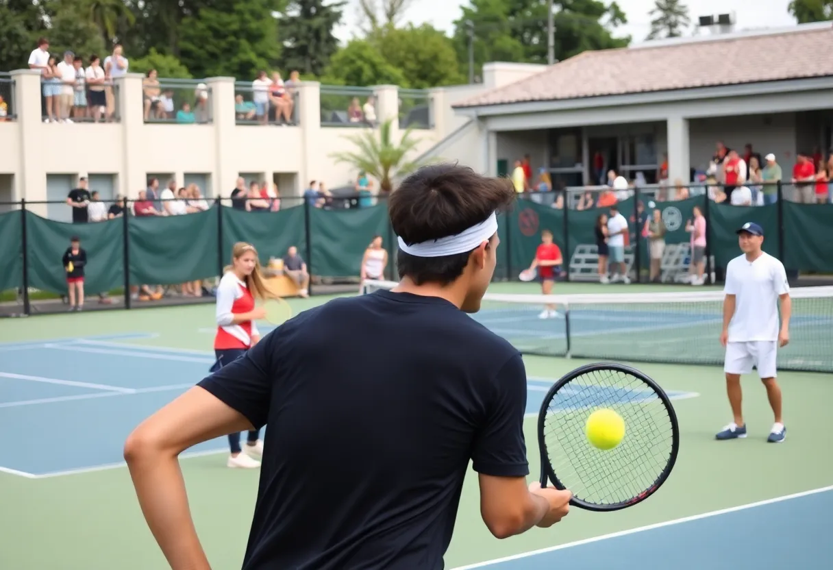 Players from San Diego State men's tennis team competing in a match at the Wildcat Invite