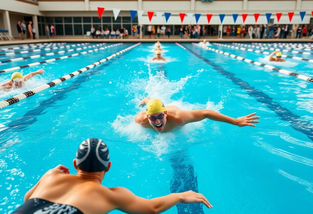 SDSU swim team competing in a relay event