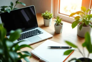 A solopreneur's workspace with a laptop and creative elements.