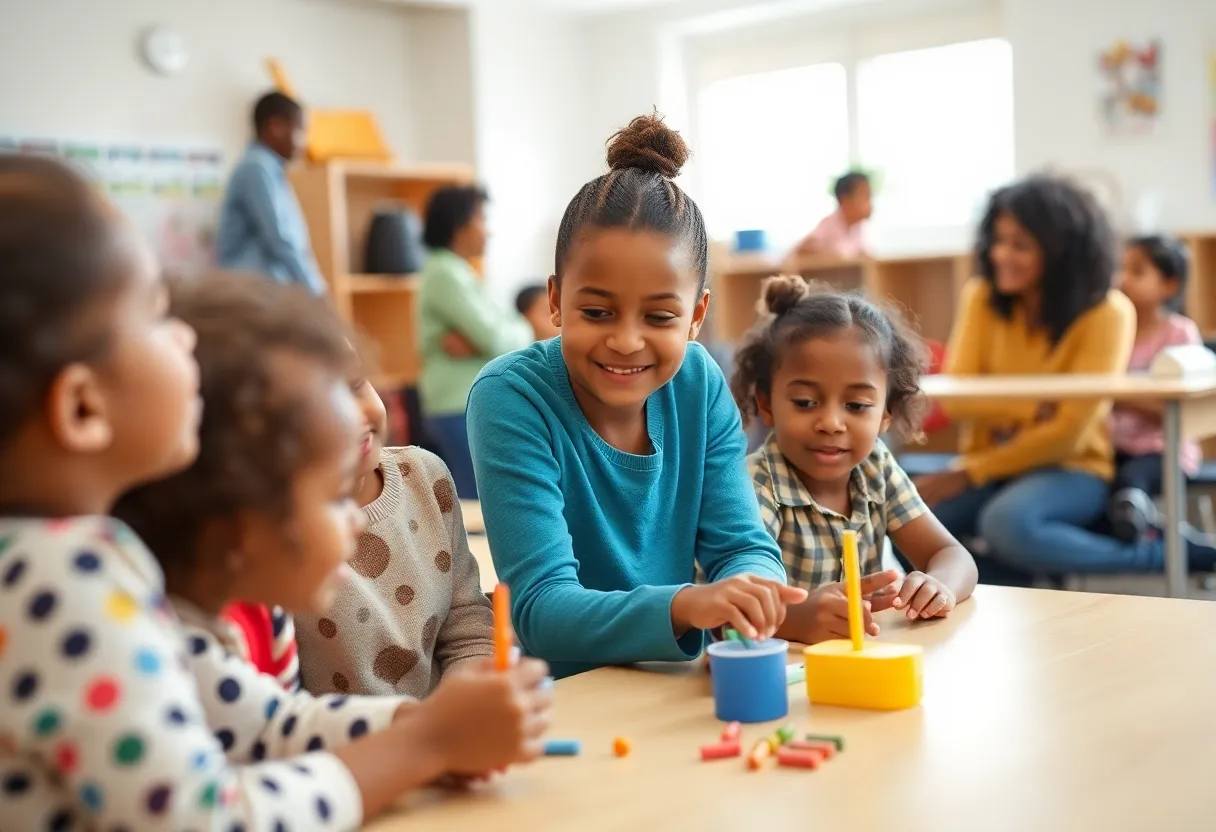 Parents attending a stress management presentation while children engage in activities.