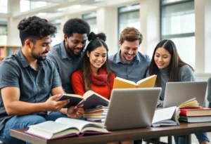Diverse university students studying together