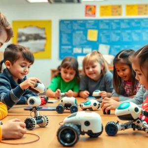 Children participating in robotics activities with various robotic kits