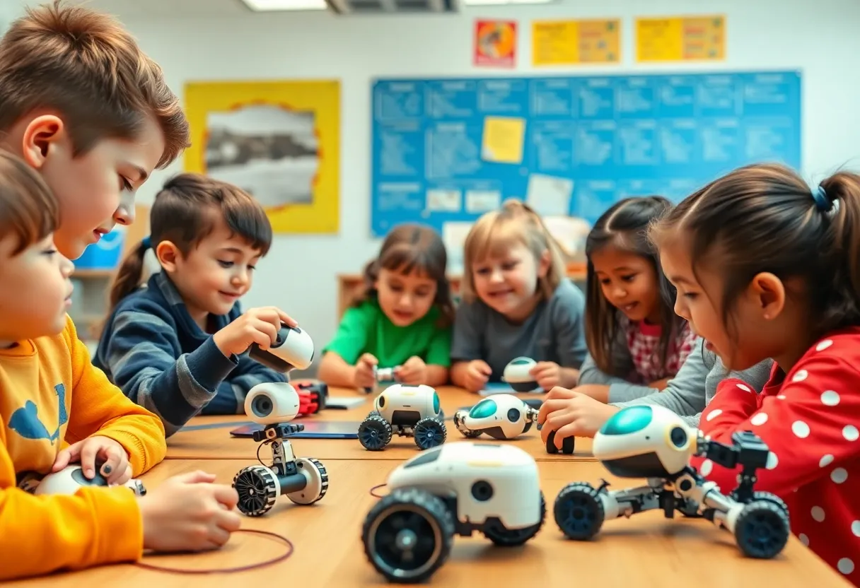 Children participating in robotics activities with various robotic kits