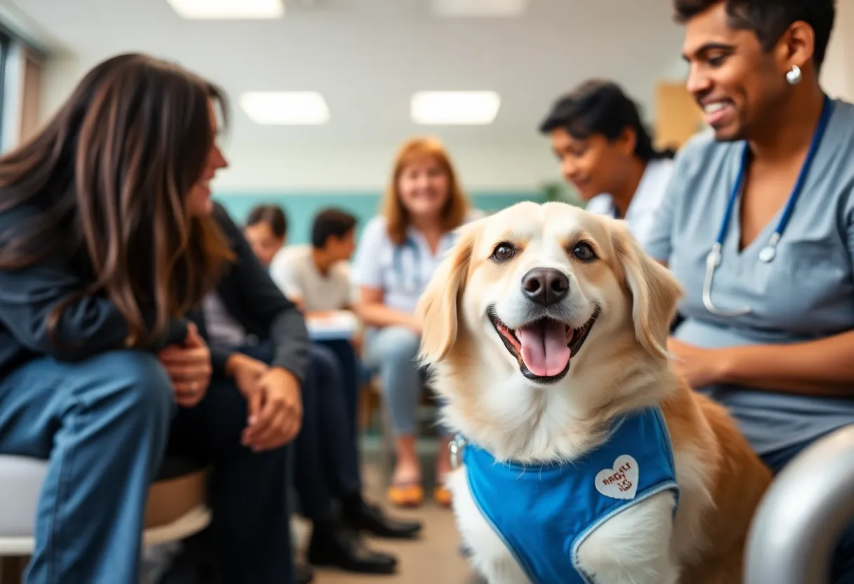 Therapy dog Roux comforting hospital patients
