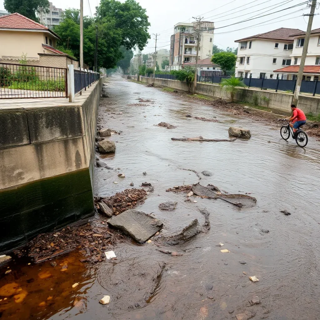 Polluted water flowing into a neighborhood