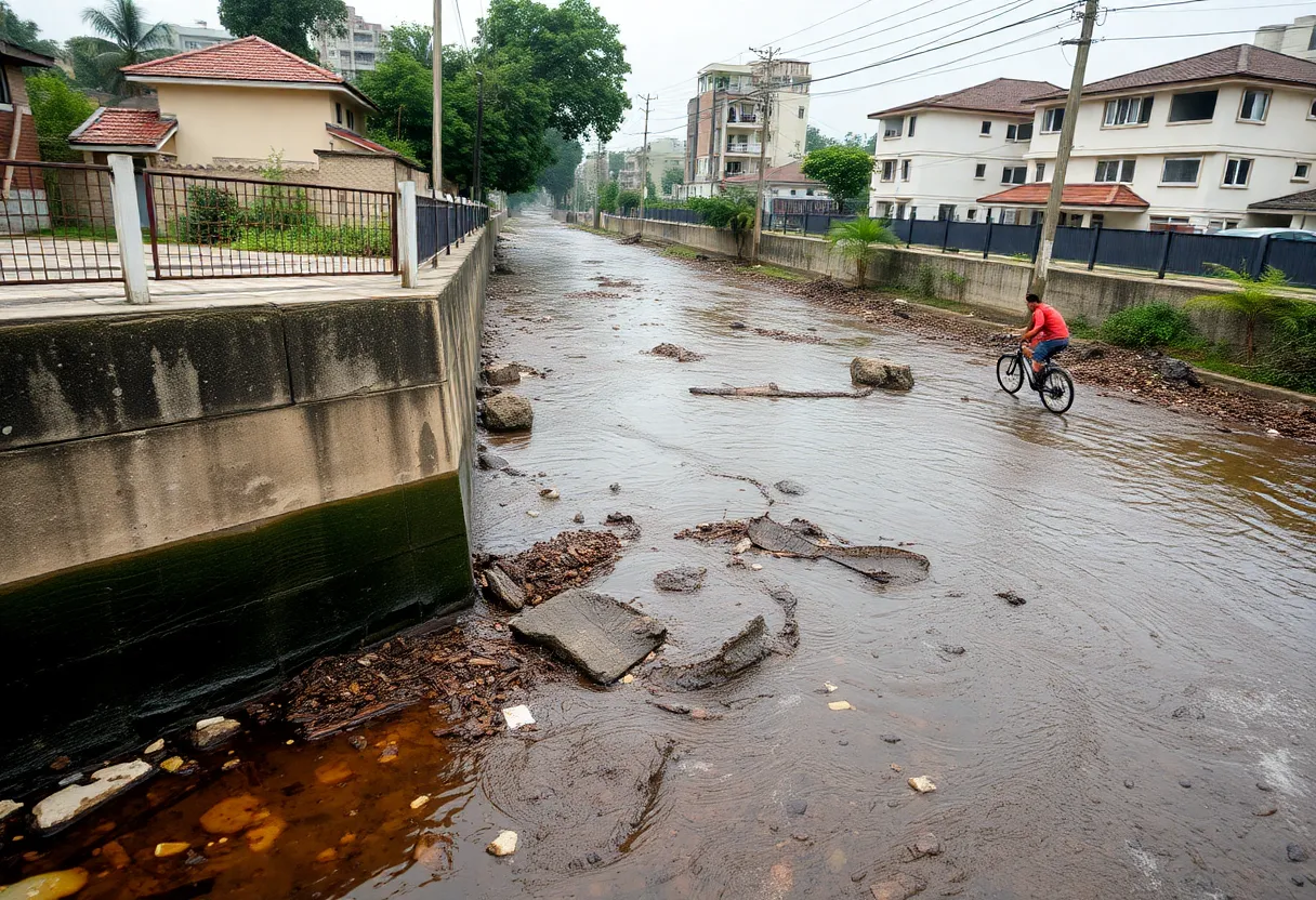 Polluted water flowing into a neighborhood