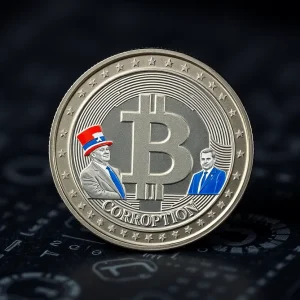 Concept image of a satirical cryptocurrency called Trump Corruption Coin.