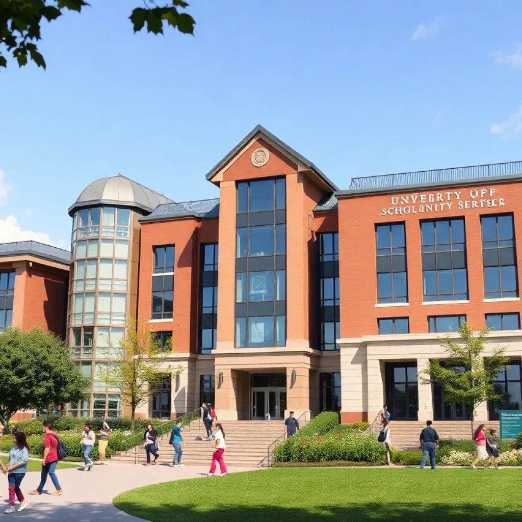 University campus with students engaged in learning