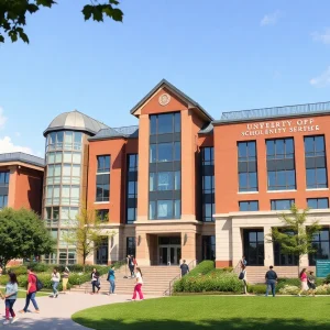 University campus with students engaged in learning