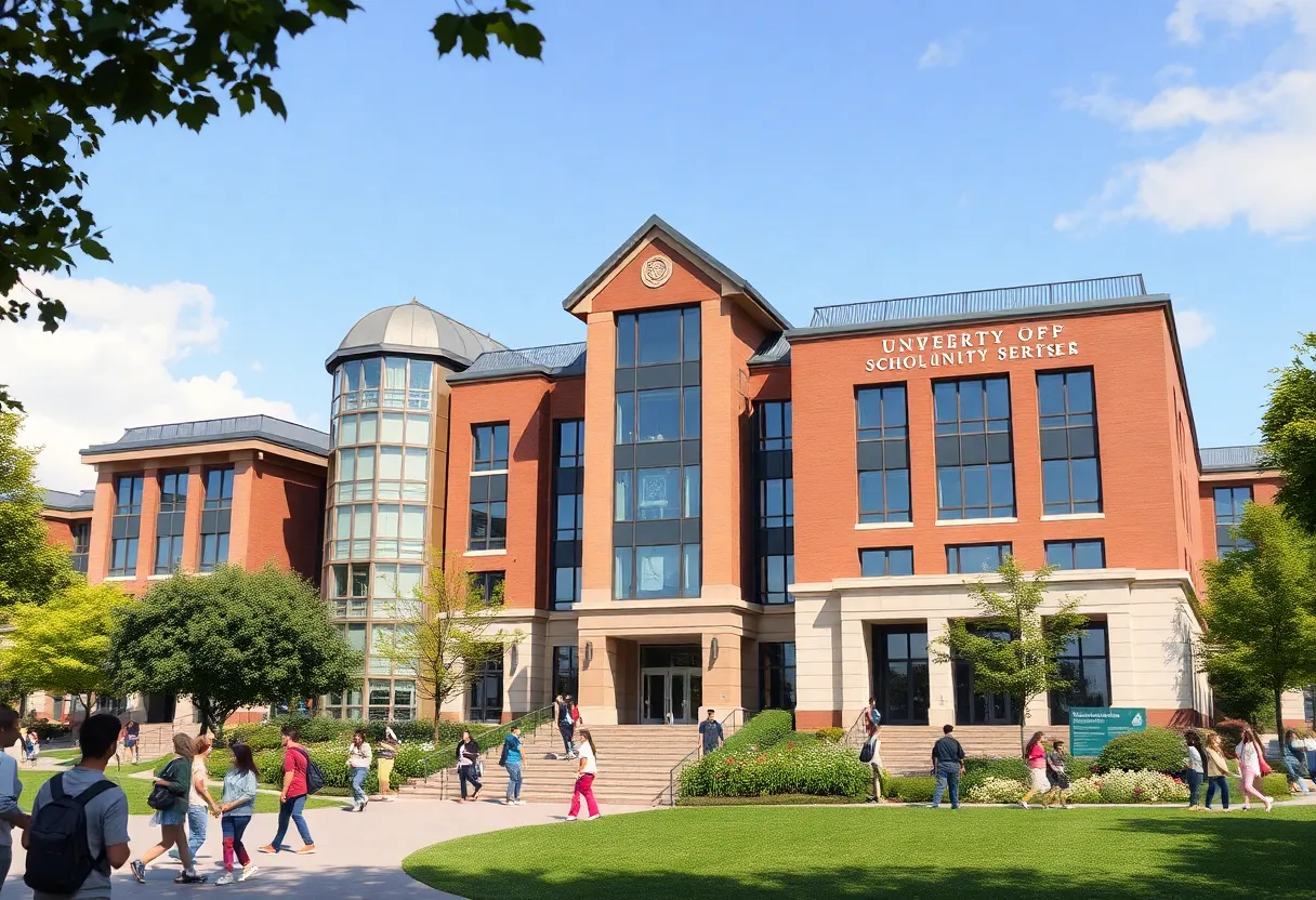 University campus with students engaged in learning