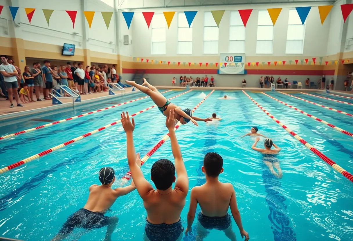 USD women's swimming team competing at a university pool
