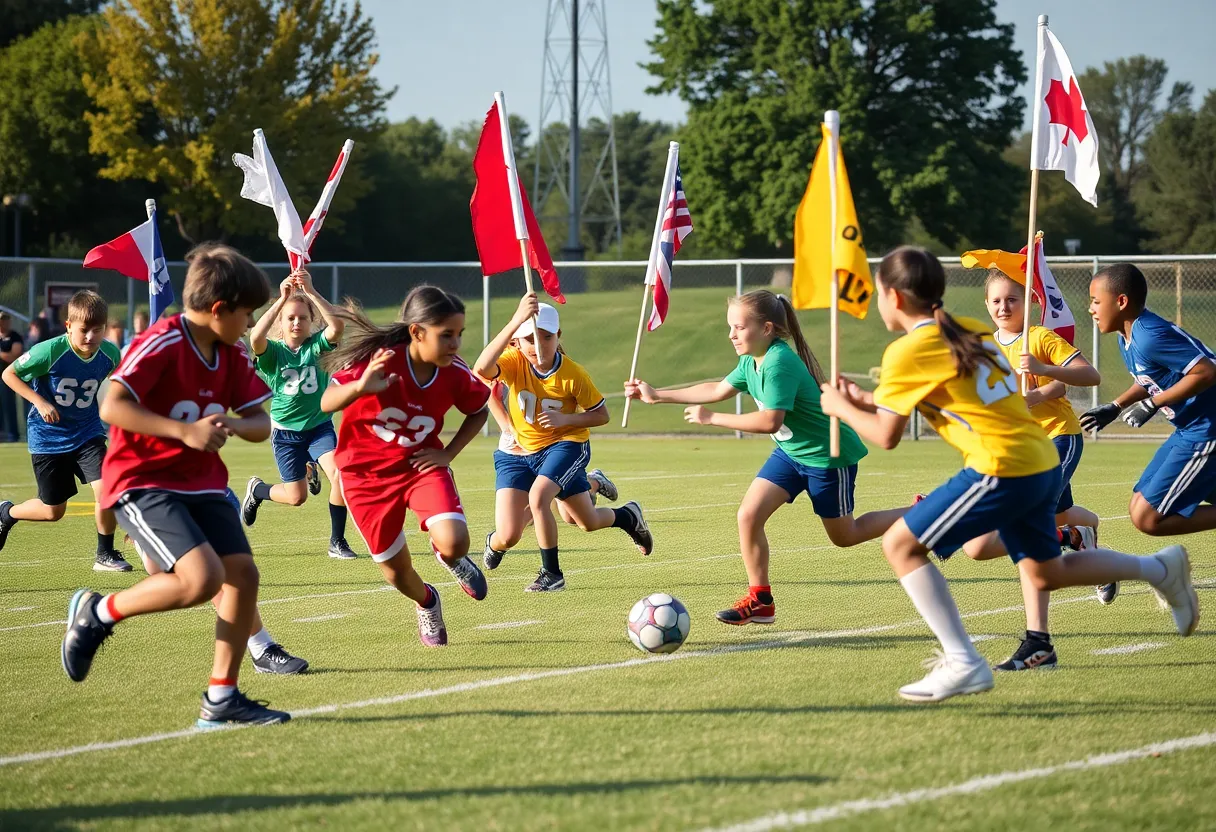 Players from Vincent Memorial High School celebrating a touchdown during a flag football match.