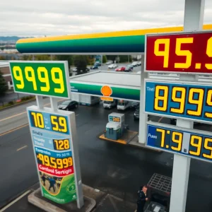 Busy gas station in Seattle with high gas price signs