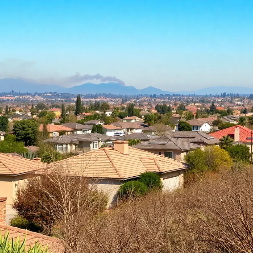 A view of a San Diego neighborhood highlighting wildfire risk with dry vegetation.