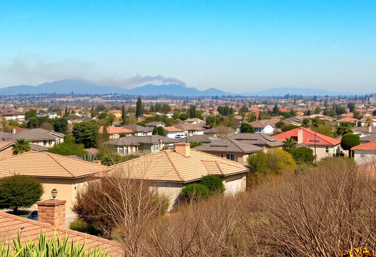 A view of a San Diego neighborhood highlighting wildfire risk with dry vegetation.