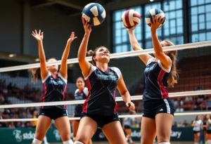 Women's volleyball players in action during a match