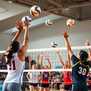 Yale Volleyball team competing in a match against the University of San Diego.