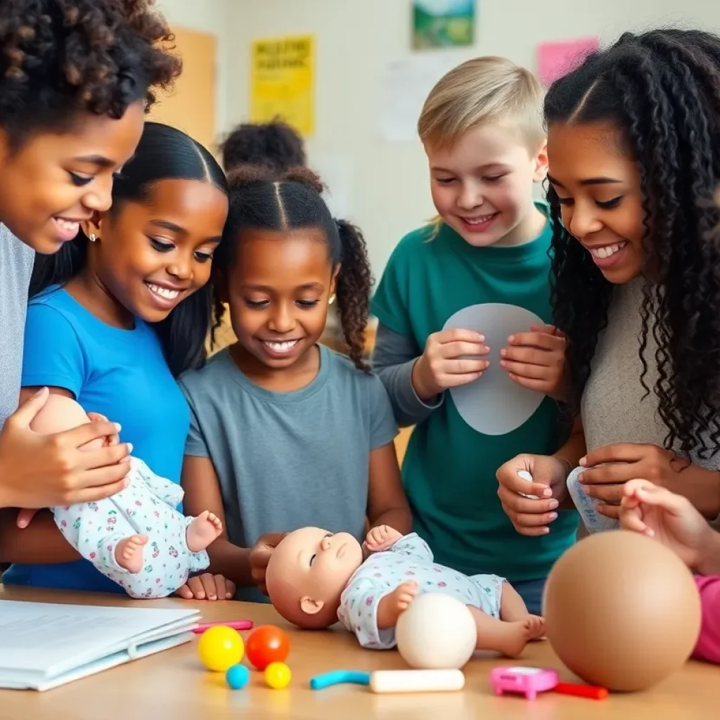 Teens learning babysitting skills at a training class.