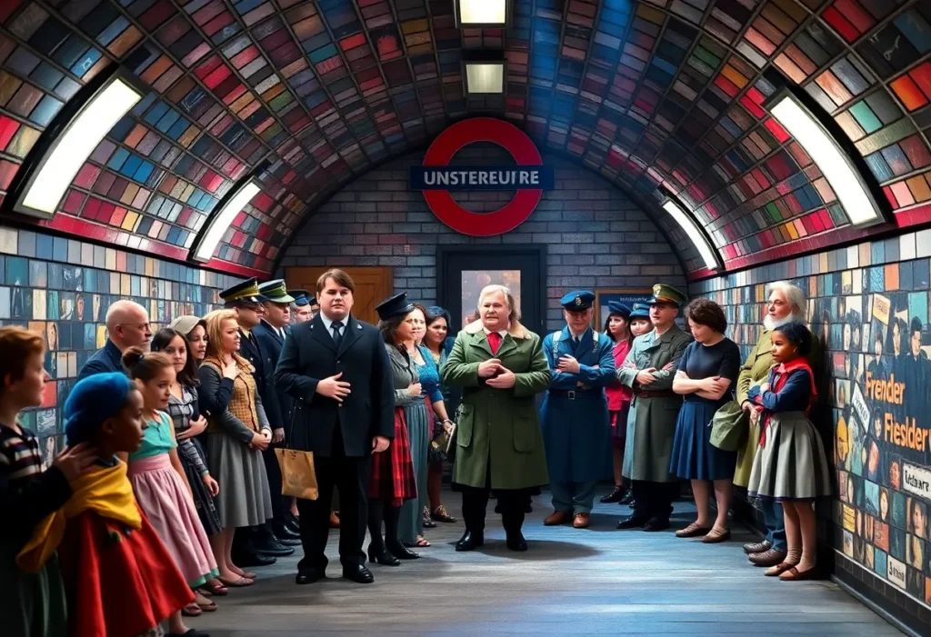 Scene from the musical Alice by Heart depicting characters in an underground tube station.