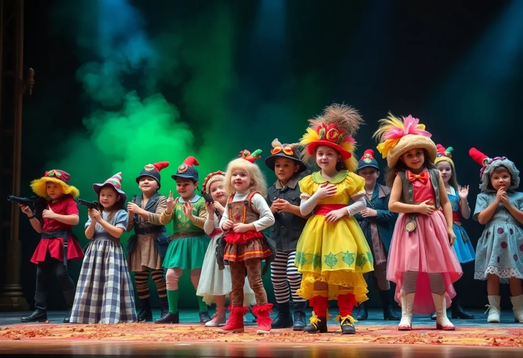 Young performers in whimsical costumes during a scene from Alice by Heart