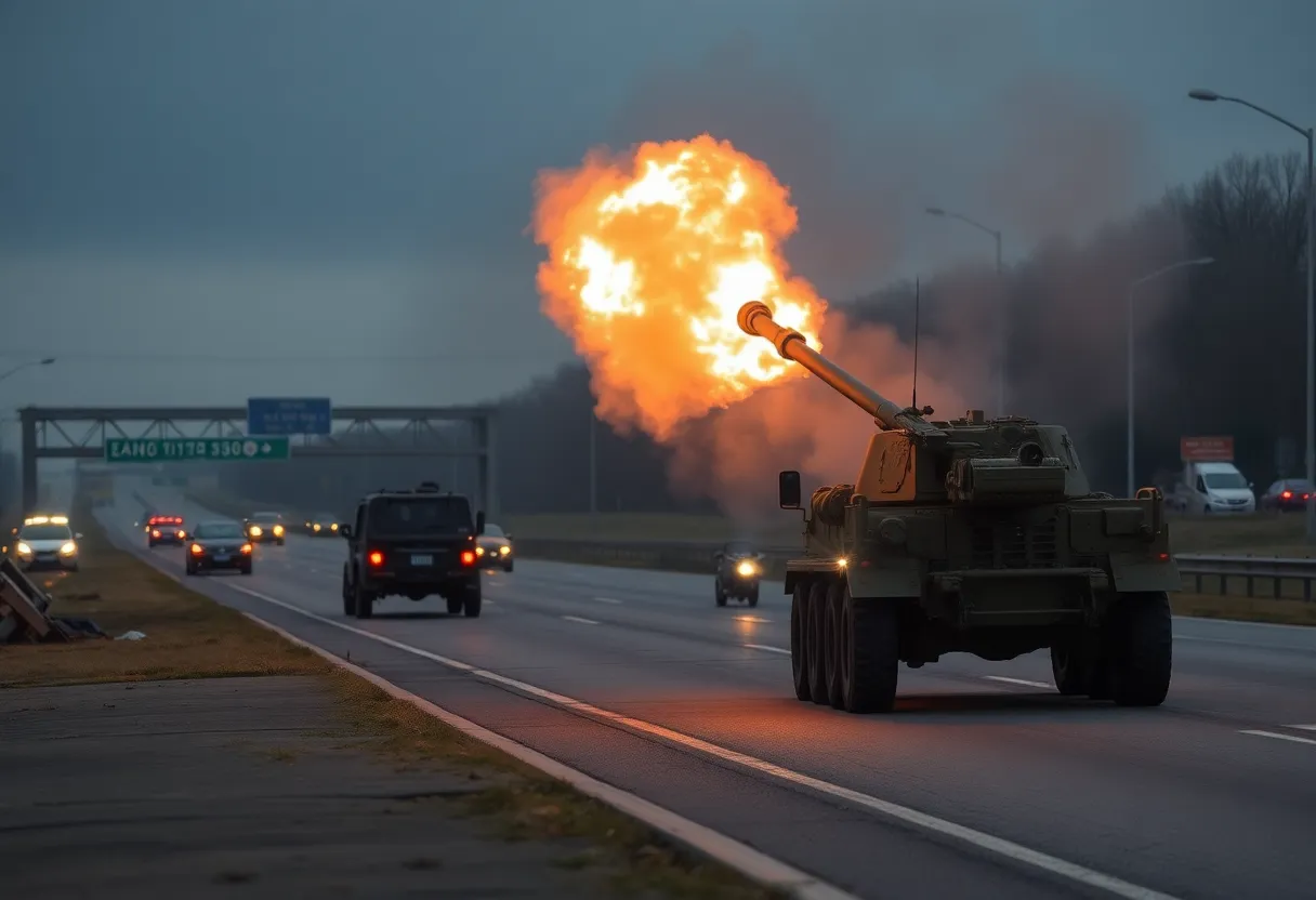 Military artillery exercise demonstration with a highway in the background