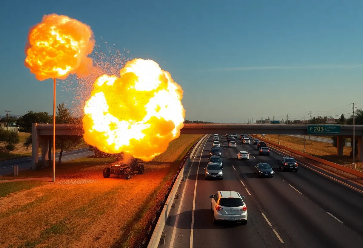 Military live-fire exercise with artillery shell over freeway