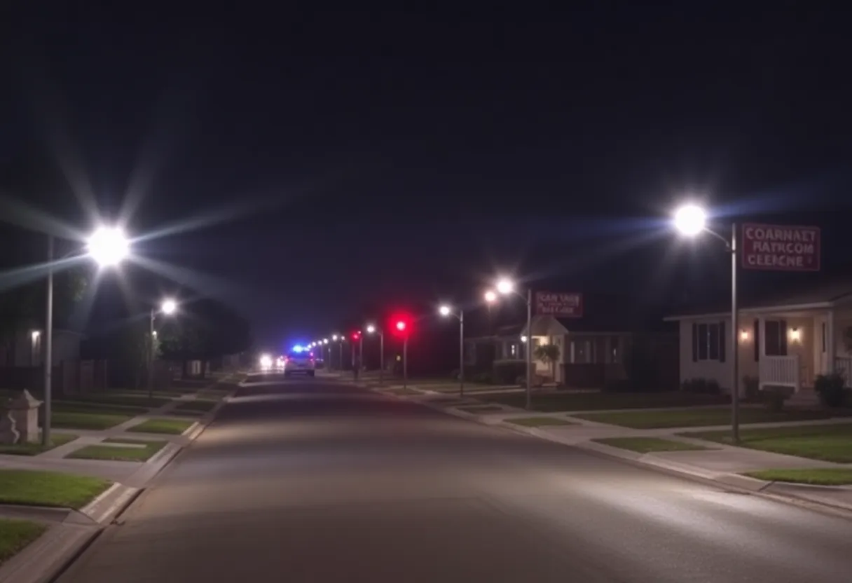 Police lights illuminating a suburban street in Atwater, California.
