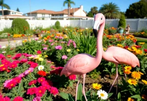 Community garden with colorful flowers and a pink flamingo mascot in Coronado.