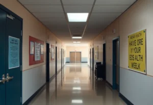 Poster depicting mental health awareness in a school hallway